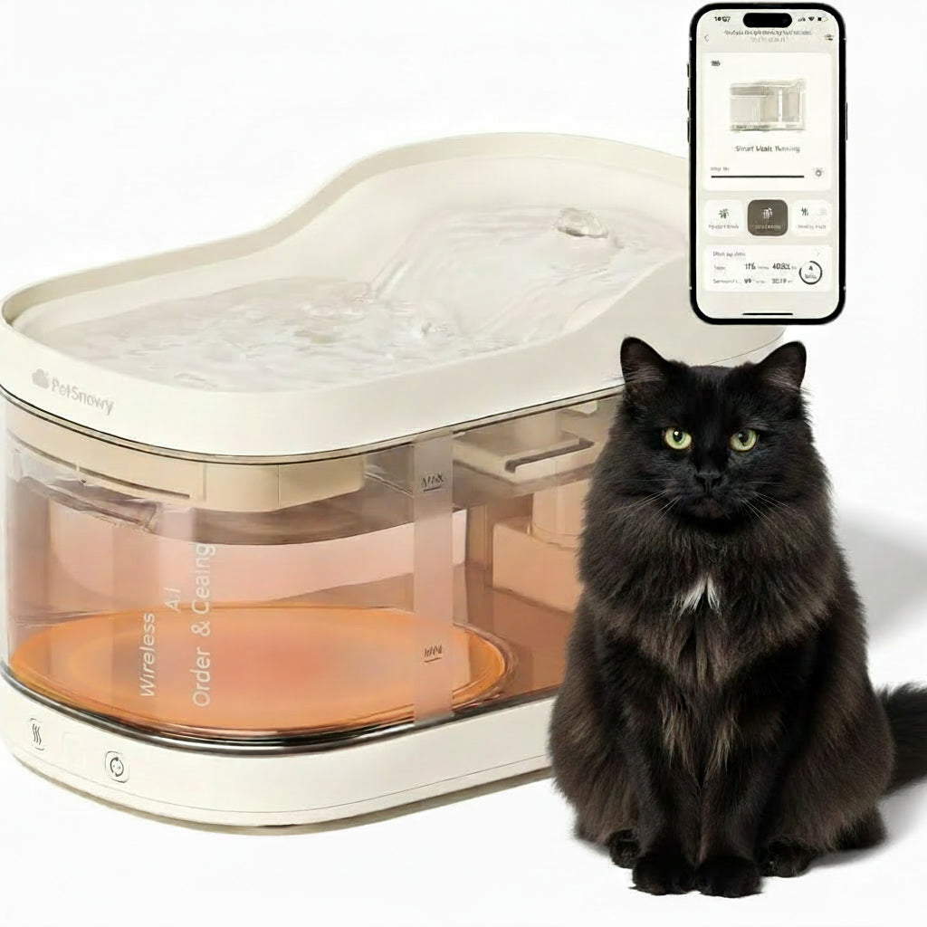 Pet water fountain with smartphone app interface and a cat sitting next to it on a white background