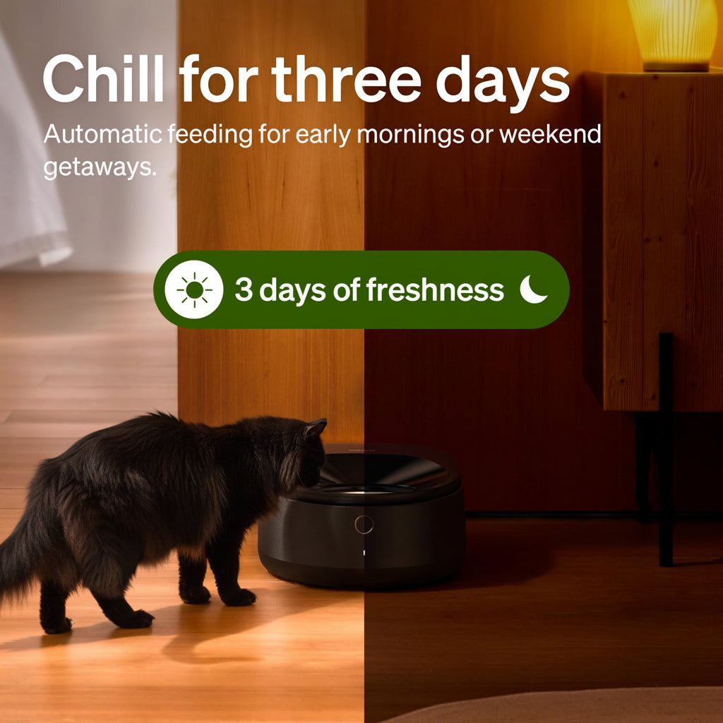Cat approaching a black pet feeder with text about automatic feeding for three days.
